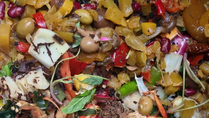 A mix of discarded kitchen peels, garden trimmings, and organic leftovers fills a compost container, illustrating the circular journey from biodegradable waste to nutrient-rich soil