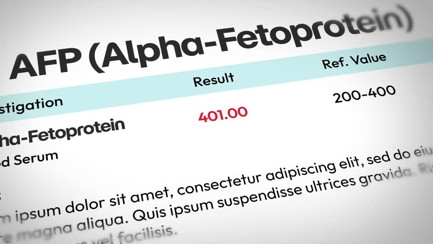 Elevated alpha fetoprotein blood test results shown with reference range in medical report for health diagnostics and analysis, 4k animation