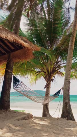 Tropical beach with Hammock Palm tree and crystal clear Ocean. Summer vacation in tropical paradise concept 4K