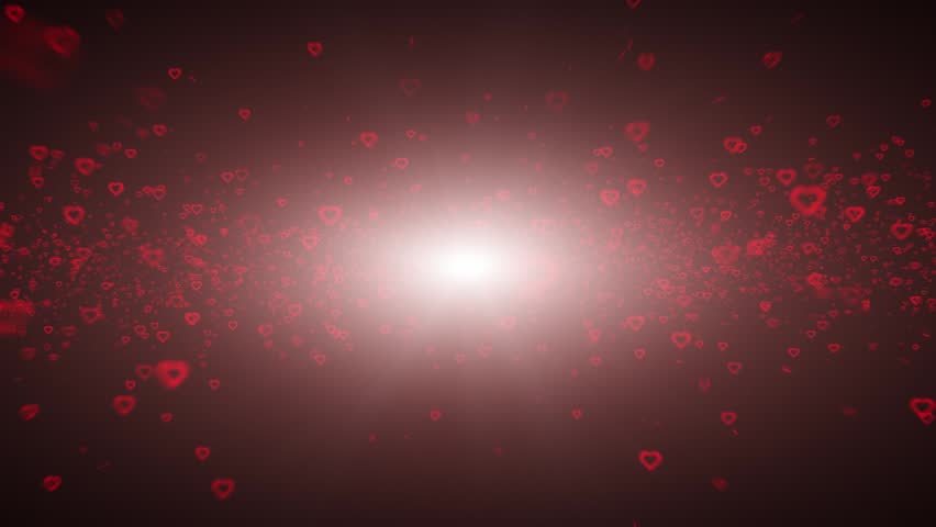 Flying red hearts on shining red background.