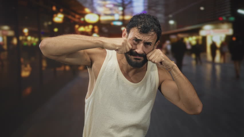 Man rubbing eyes with fists in sleeveless shirt on a busy night street with blurred neon shops and pedestrians; urban fatigue.