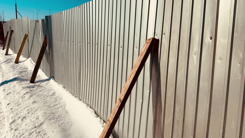 Snow-covered corrugated steel fence leaning on wooden braces, winter construction site under bright blue sky, deep snowdrifts piled