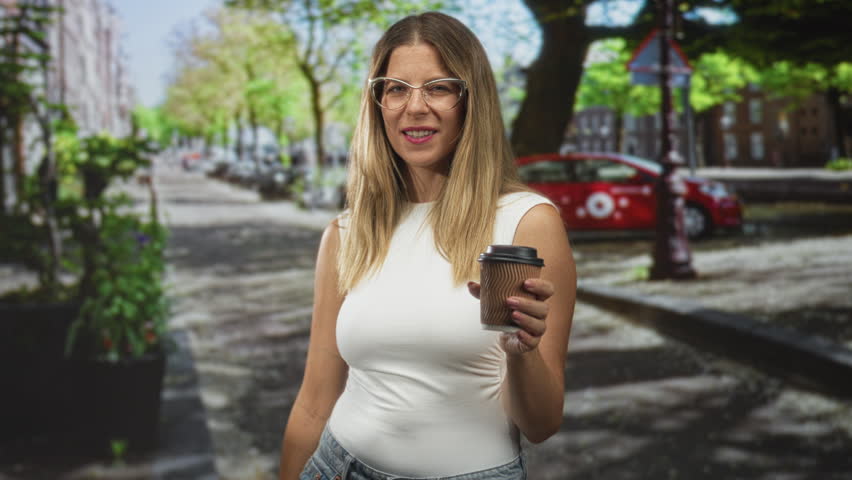 Woman with glasses and long blond hair in white sleeveless top holding a takeaway coffee cup and looking at it while standing on a tree lined urban street with parked red car; relaxed morning routine.