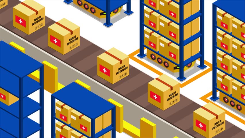 Smart Automated Warehouse System with Flag of SWITZERLAND, Modern Industrial Logistics and Supply Chain Animation