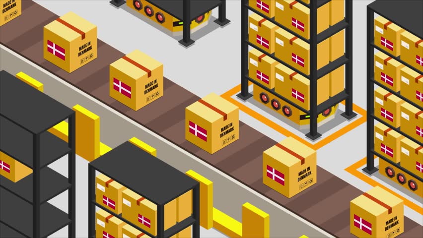 Smart Automated Warehouse System with Flag of DENMARK, Modern Industrial Logistics and Supply Chain Animation