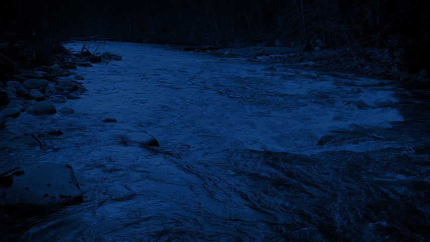 Pan Up From Forest River To Moon At Night