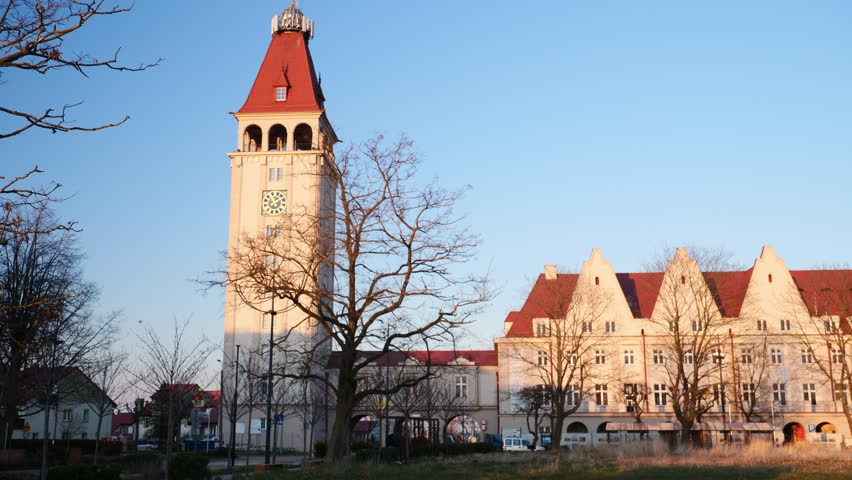 Panning over the Town Hall in Władysławowo, Poland.