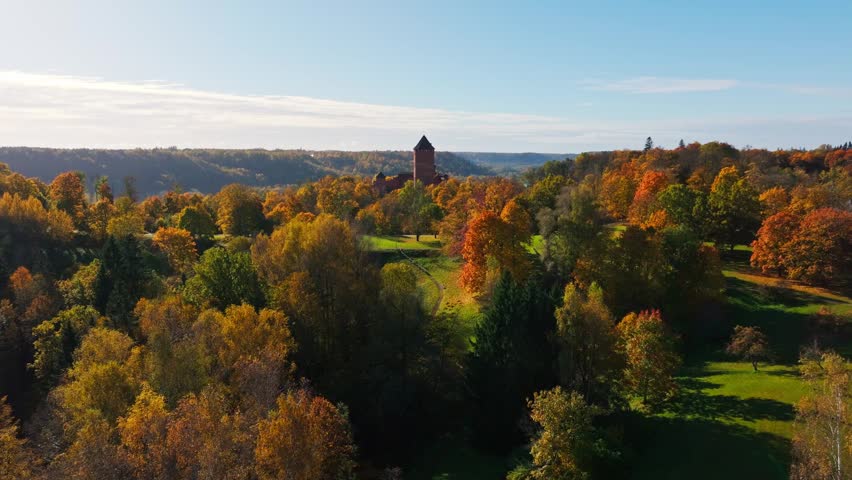 Cinematic Establishing Shot of Turaida Castle and Golden Valley Latvia