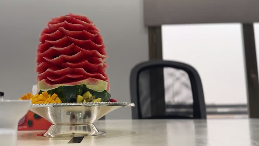 shot of an intricately carved layered watermelon displayed in a silver pedestal bowl. The fresh fruit art sits on a white conference table inside a modern office during daylight.