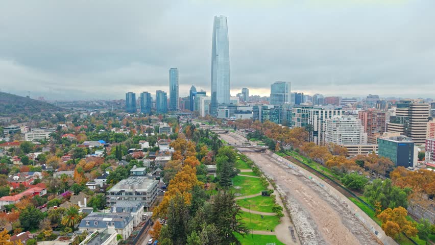 Chile Santiago Mapocho River Financial District Skyscraper Drone Aerial Cityscape Landscape View