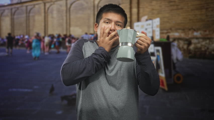 Young man holding a coffee maker by its handle, fingers to mouth in a crowded street with stone wall and market stalls; surprise curiosity.