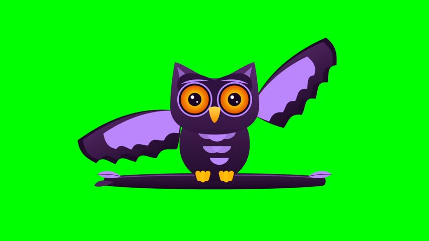A charming animated purple owl with large, expressive eyes and light purple wings that spread out, set against a vibrant green screen for easy compositing.