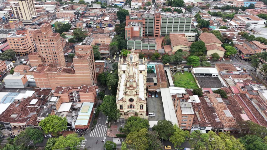 Aerial view of the Metropolitan Cathedral of Medellin, Colombia. Cinematic drone shot of the world