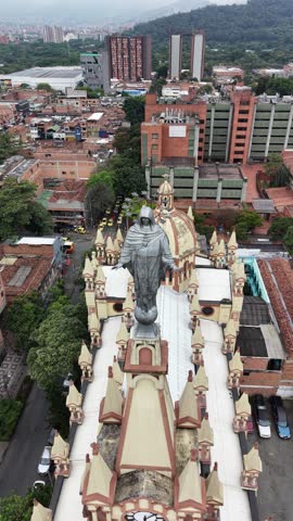 Aerial view of the Metropolitan Cathedral of Medellin, Colombia. Cinematic drone shot of the world
