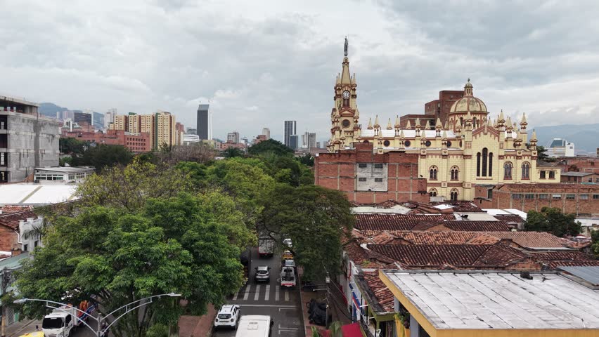 Aerial view of the Metropolitan Cathedral of Medellin, Colombia. Cinematic drone shot of the world