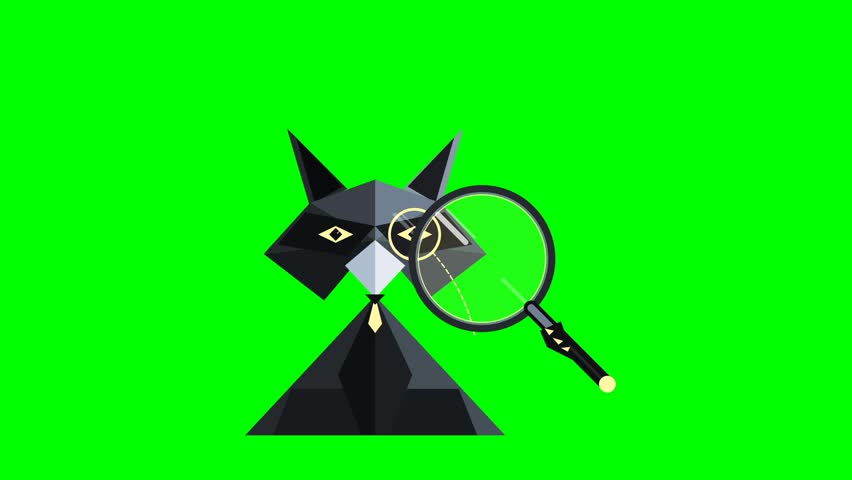 An abstract black cat detective character, rendered in a low-poly or geometric style, holds a magnifying glass to its eye, examining something with a focused expression.