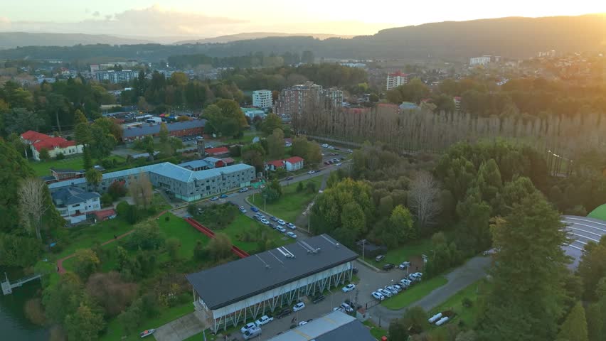 Aerial view of the Austral University of Chile campus on Teja Island in Valdivia, Chile, at dawn