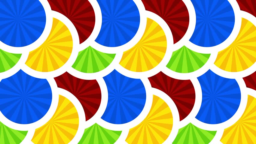 A colorful background with overlapping fan-shaped semicircles in orange blue green red creating a vibrant scale mosaic pattern