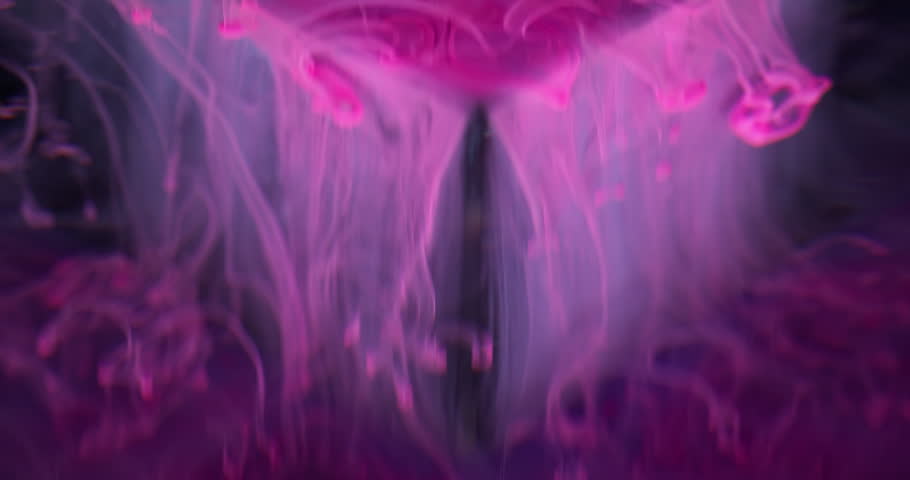 Geometric ink splash. Fume flow. Defocused pink neon purple colorful water drip vapor spreading on cube abstract dark black background.