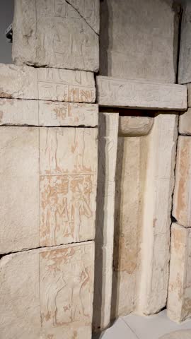 A slow panning shot across ancient Egyptian stone carvings and hieroglyphics in a museum.