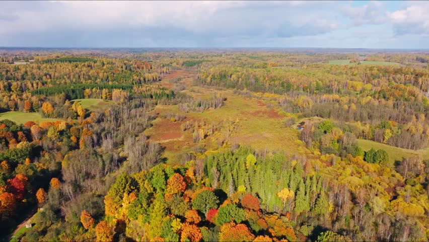 Sweeping aerial reveals vibrant autumn forests and meadows in river valley