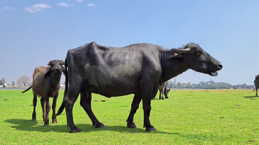 Domestic water buffalo grazing on a lush green grass field under a blue sky
