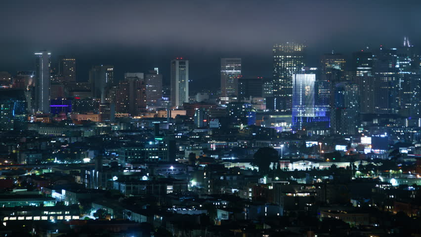 San Francisco Downtown Skyline from Bernal Heights Night Time Lapse Telephoto California USA
