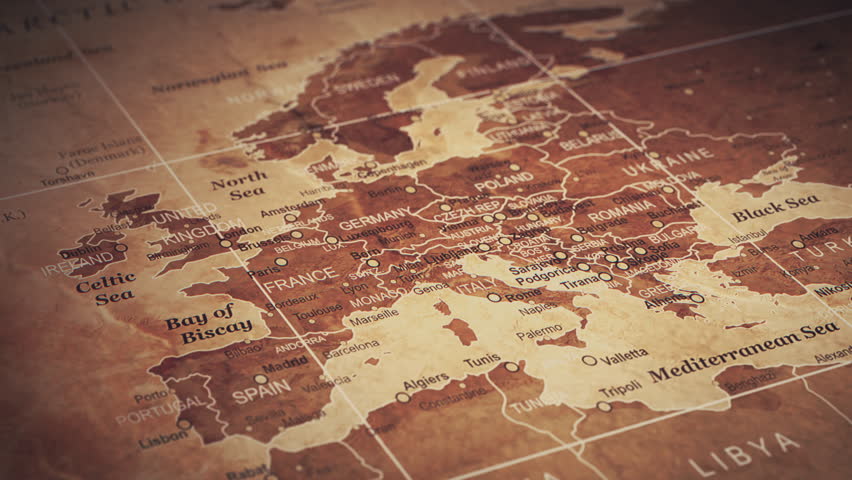 Stylized vintage political map of EU European Union and Europe. 3d video animation