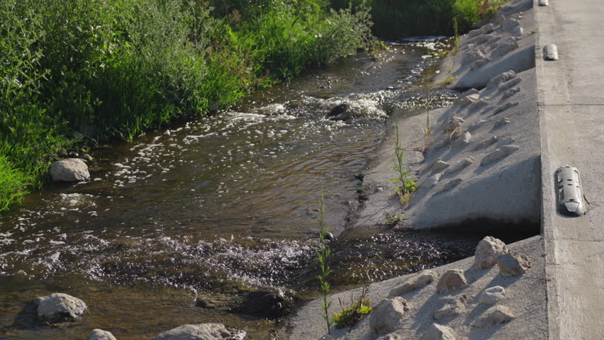Small stream flowing through concrete drainage channel with green vegetation along banks.