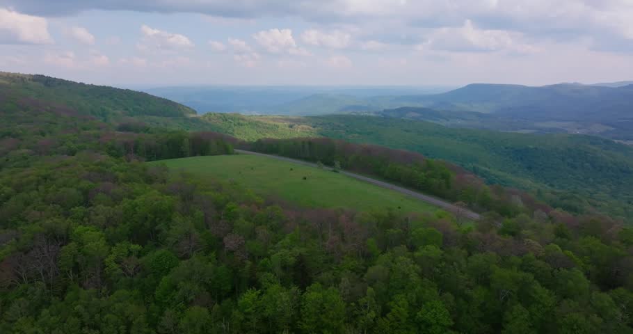 Open mountain meadow surrounded by forest along Highland Scenic Highway, aerial panoramic dolly push forward
