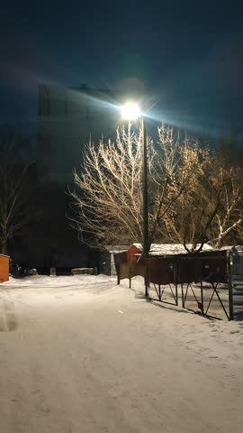 Shining street lamp near house, metal garage, tree, road with snow and fence at night with black dark sky in winter. Deserted street. Nobody. Vertical