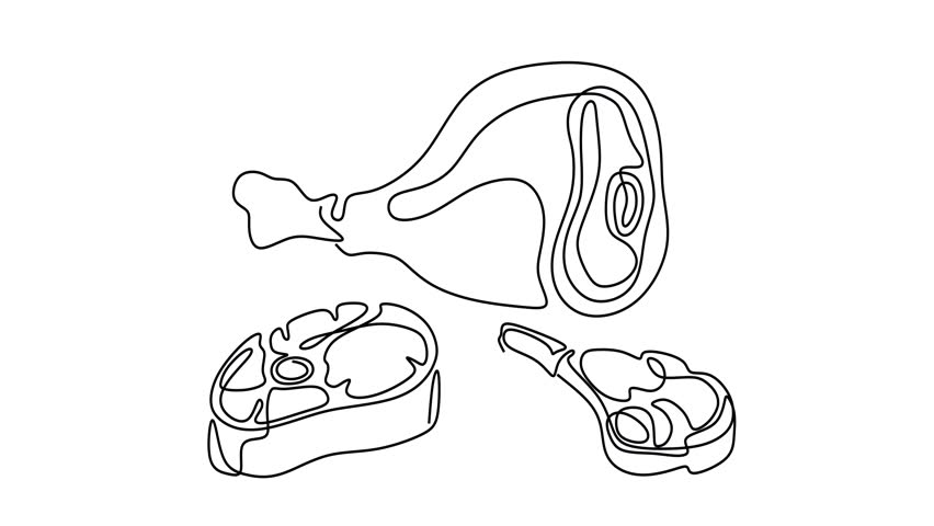 Animated self drawing of continuous line draw of   Meat cuts steak, ham, and chop. Full length one line animation. 4K