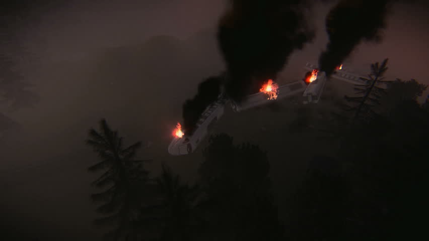 Aerial view of a large train derailment. Train cars on fire.