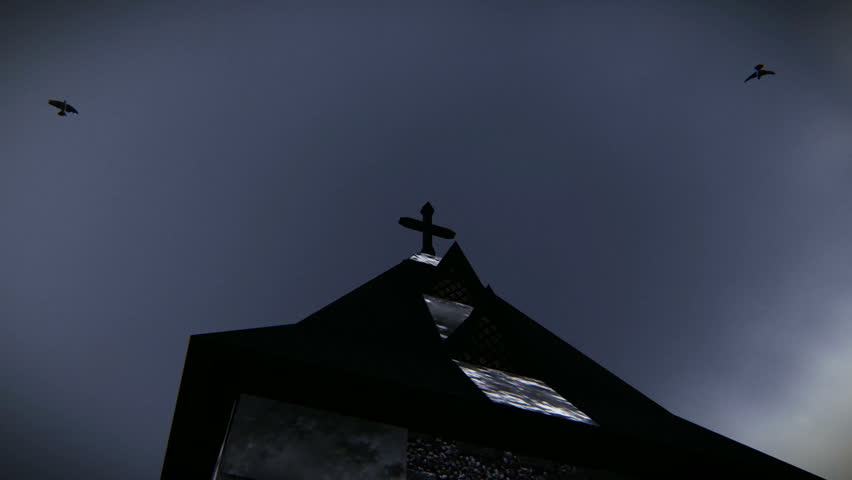 Sinister vision of a cross atop the church with birds flying in cloudy day
