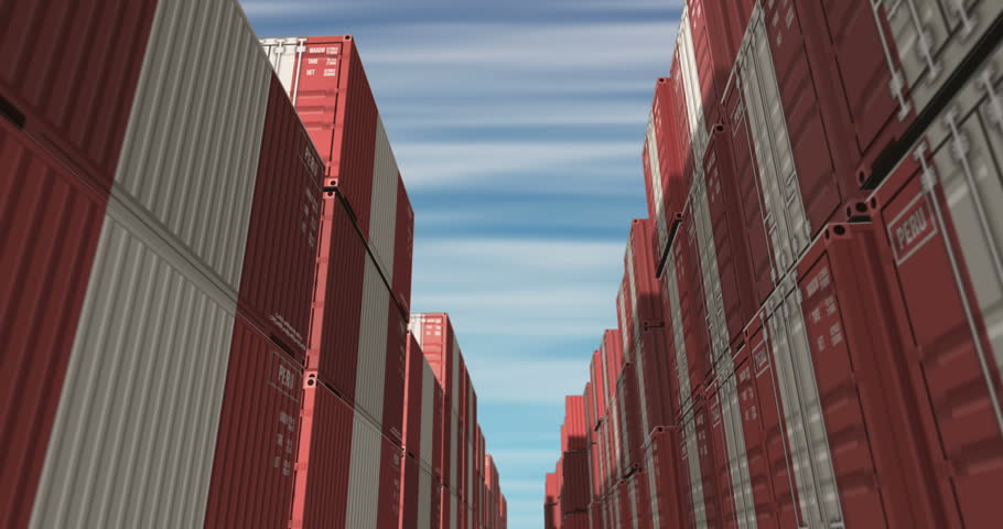 Peru export production and import cargo containers in row seamless and loopable business concept. Peruvian flag industrial shipping box 3d loop.
