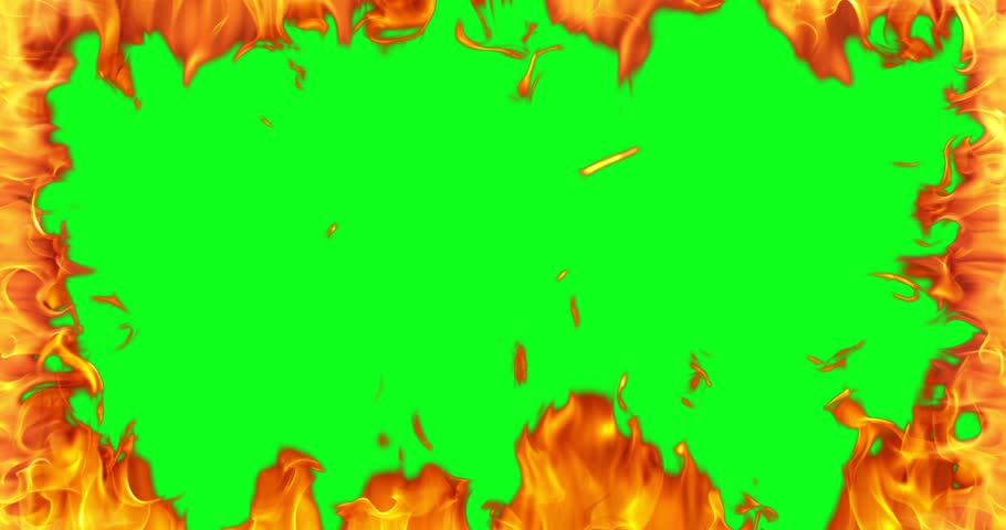 Ultra slow motion burning fire frame on green screen background captured at 1000 FPS. Dynamic flames surround the edges, creating a fiery chroma key overlay for visual effects.