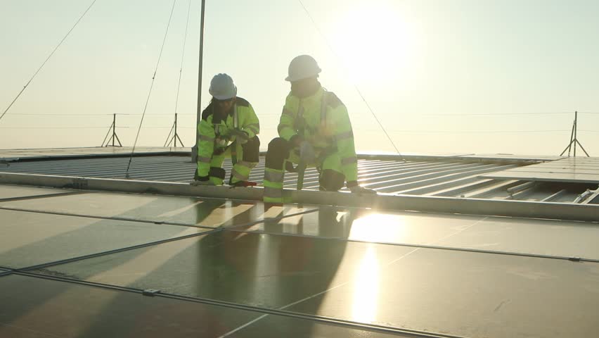 Two service engineers in safety clothing with helmet check solar system at rooftop solar farm with city view. Engineers installing solar panels. Man and woman workers inspecting solar panels on roof.