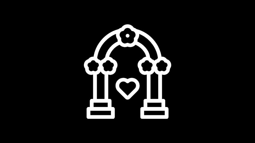 A minimalist white outline drawing of a wedding arch adorned with floral elements and a central heart symbol on a black background