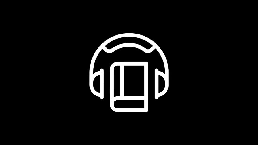 This minimalist white line art icon features a book with headphones, symbolizing the concept of audiobooks and auditory learning experiences