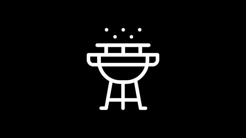 A minimalist white outline of a charcoal grill with smoke rising, set against a stark black backdrop, perfect for design projects