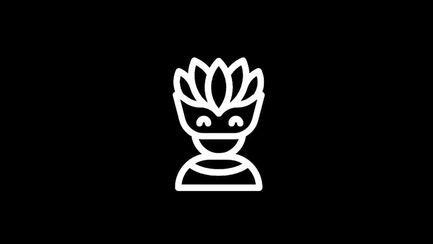 A simple white line art illustration depicts a character in a mask adorned with feathers, set against a solid black backdrop