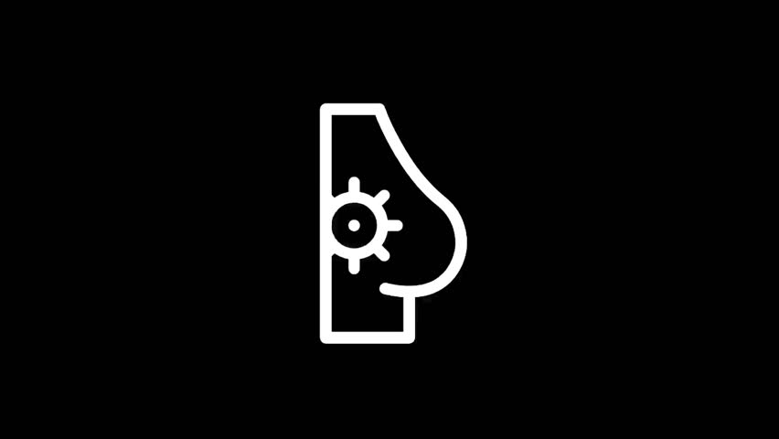 A minimalist white outline icon on a black background depicts a stylized breast with a gear or sun-like symbol inside, symbolizing medical screening and health awareness