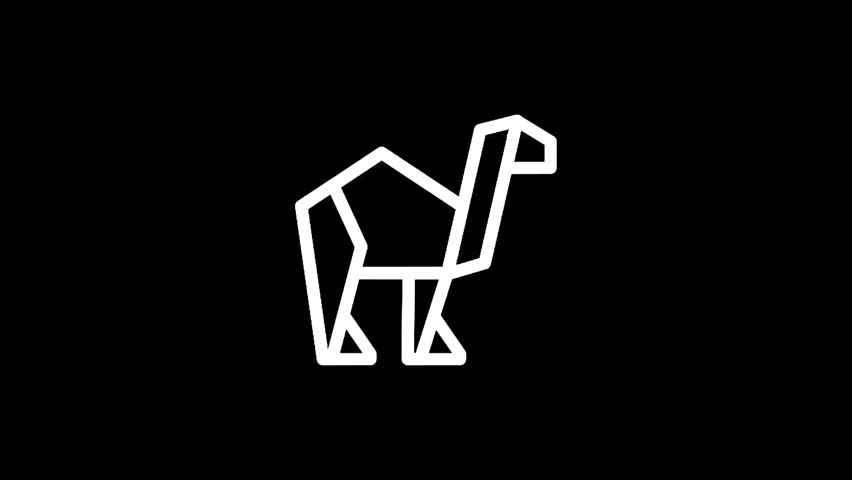 A stylized white line art representation of a camel in an origami style, set against a stark black backdrop, conveying simplicity and elegance