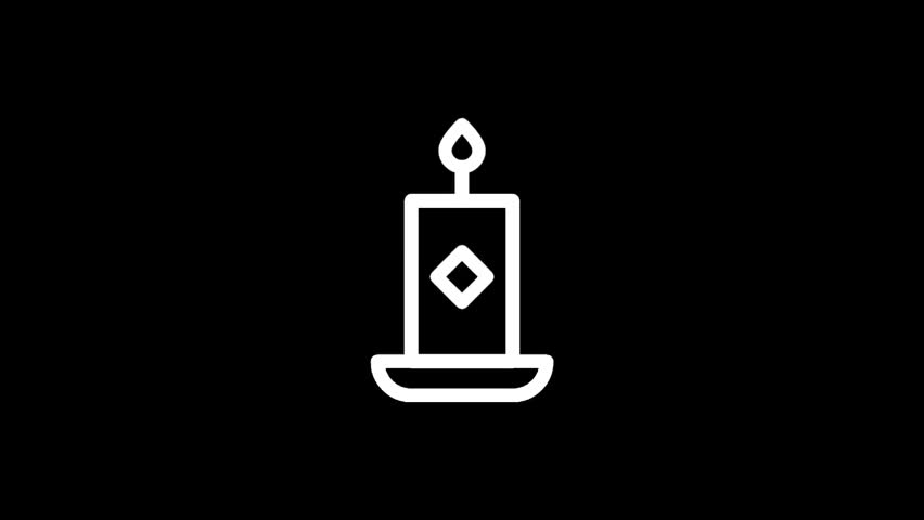A minimalist white outline of a candle with a flame and a diamond shape on its body, set against a stark black backdrop