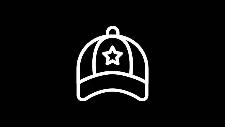 A minimalist line art illustration of a baseball cap featuring a star symbol, presented against a solid black backdrop for clear visibility