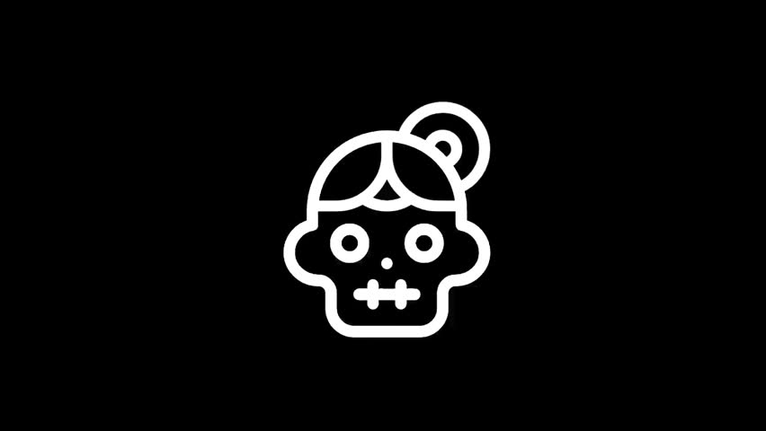 A minimalist white outline graphic depicts a female zombie head with a top knot hairstyle and stitched mouth, set against a solid black backdrop