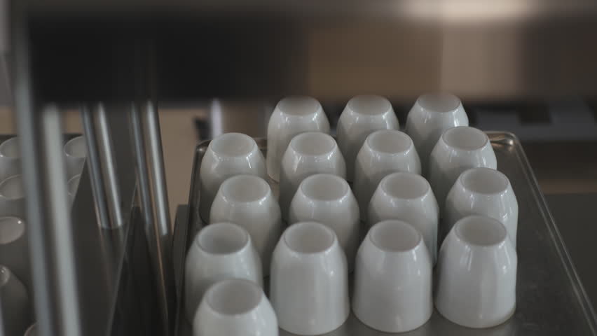 Uniform mugs stand neatly arranged and ready for drink service at buffet station. Soft lighting highlights sleek contours of porcelain