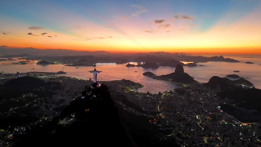Scenic Landscape of Rio de Janeiro Just Before Sunrise With Corcovado and Sugarloaf Mountains