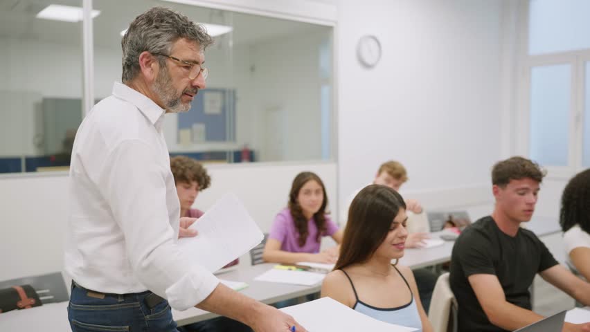 Diligent professor walks through the classroom, handing out exam papers to attentive students sitting at their desks during a college lesson
