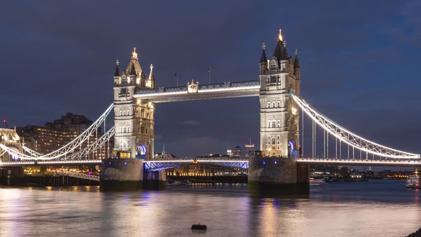 Night Time Lapse of the Tower Bridge over the River Thames in London.
